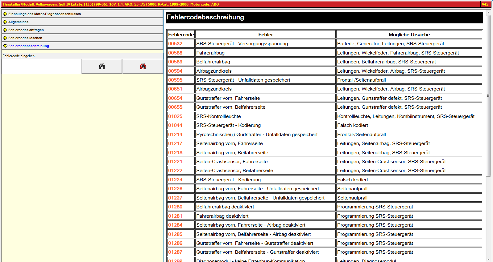 Autodata technical data: error codes - airbags - error code description