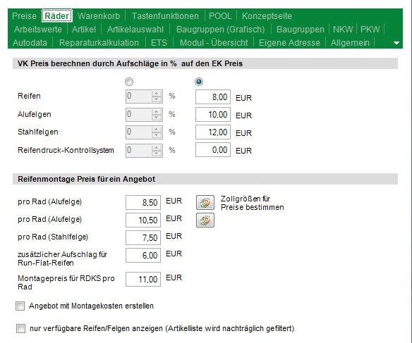 Einstellungen Räder: Teile- und Montagekalkulation