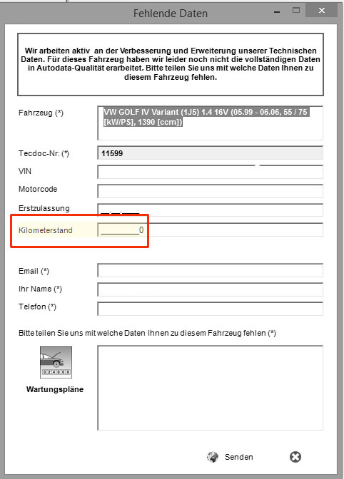 Autodata: zusätzliche Felder in der Meldung von fehlenden Daten