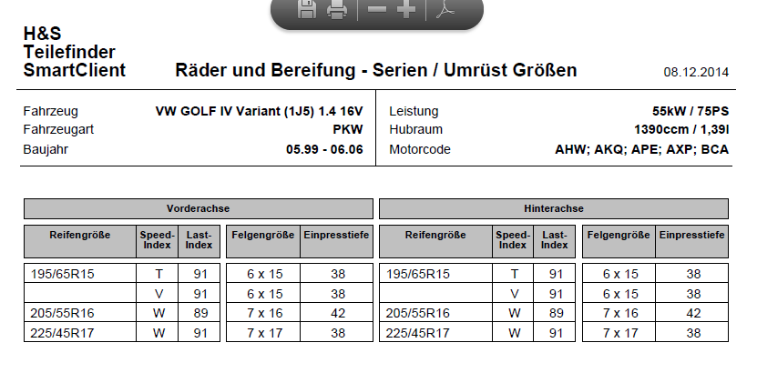 Vorschau Ausdruck aus dem Reifenmodul