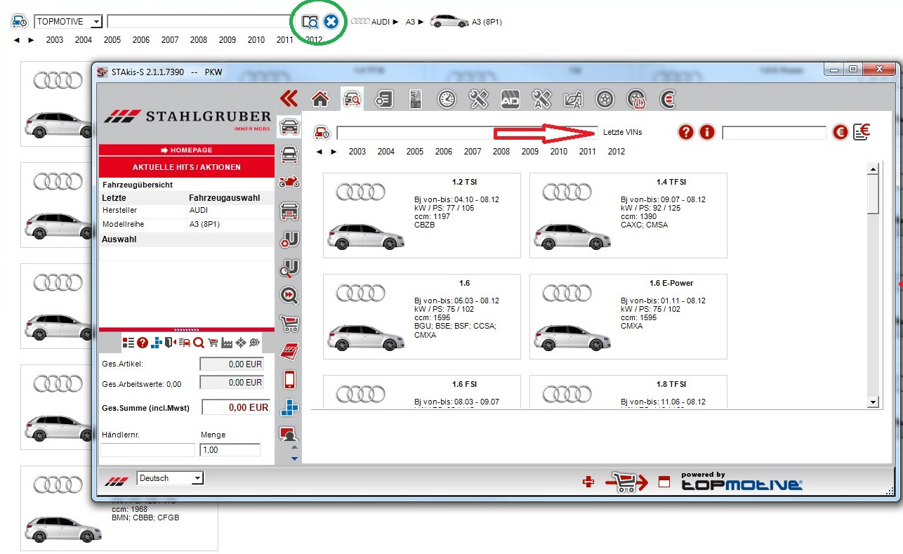 Ansicht Funktionsbuttons grafische Fahrzeugsuche