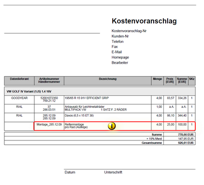 Kostenvoranschlag mit Reifenmontagekosten