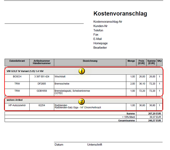 Datengruppierung im Kostenvoranschlag 