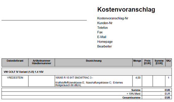 Kostenvoranschlag mit EU Reifenlabelangaben