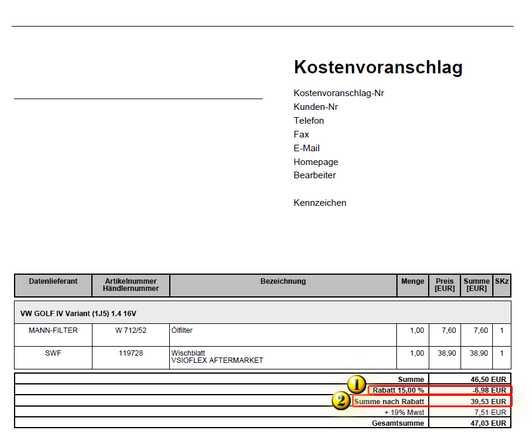 Rabatt im Kostenvoranschlag