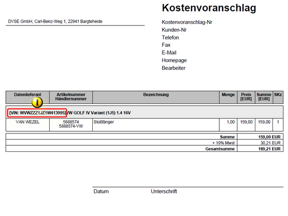 Kostenvoranschlag mit VIN Anzeige
