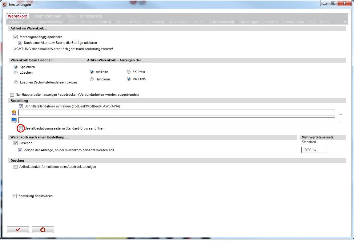 Einstellungen Warenkorb: externer Browser