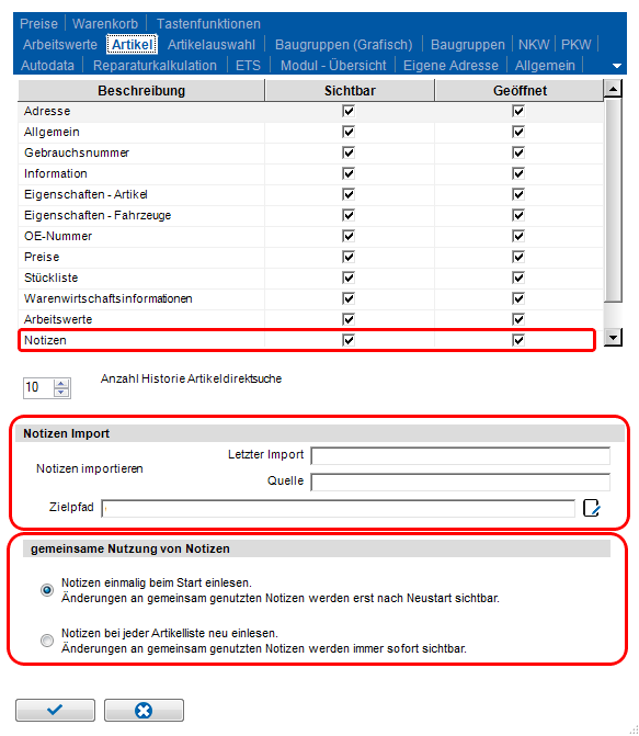 Einstellungsdialog Notizen