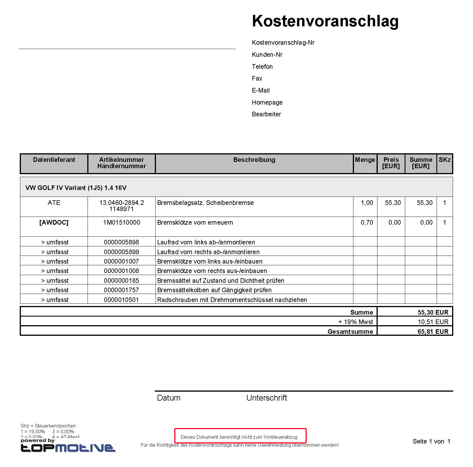 Kostenvoranschlag Hinweistext