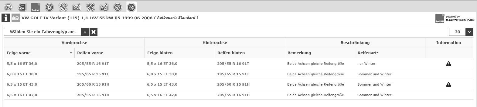 Screenshot Reifensuche mit KBA-Freigabedaten