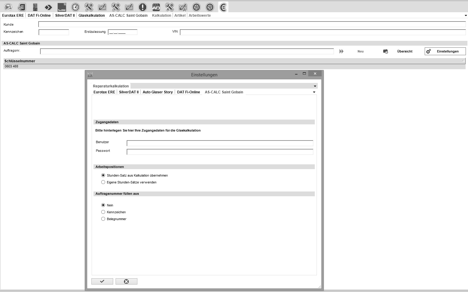 Screenshot AS-CALC Saint Gobain Reparaturkalkulation/Glaskalkulation