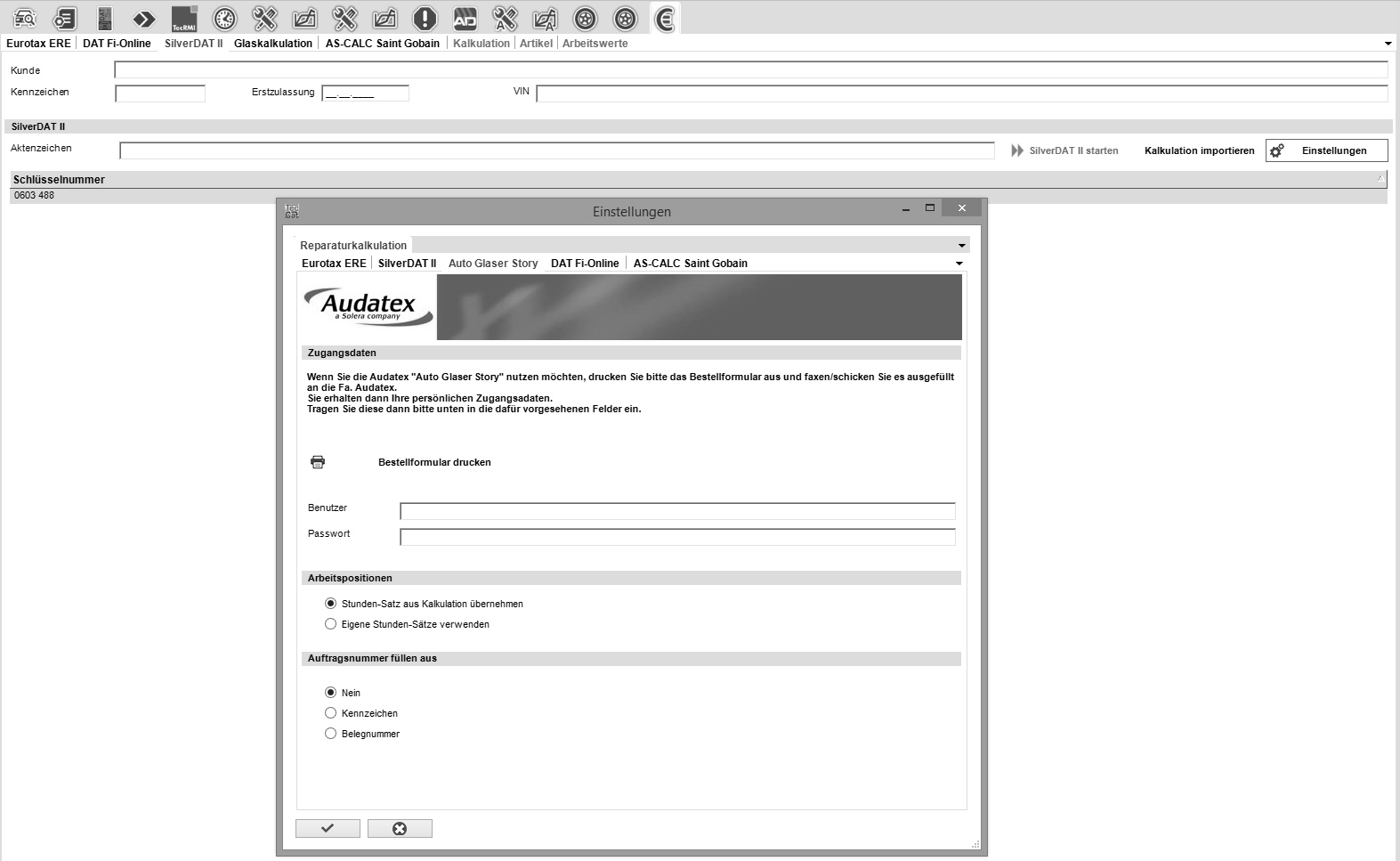 Screenshot Audatex GlaserStory Reparaturkalkulation/Glaskalkulation