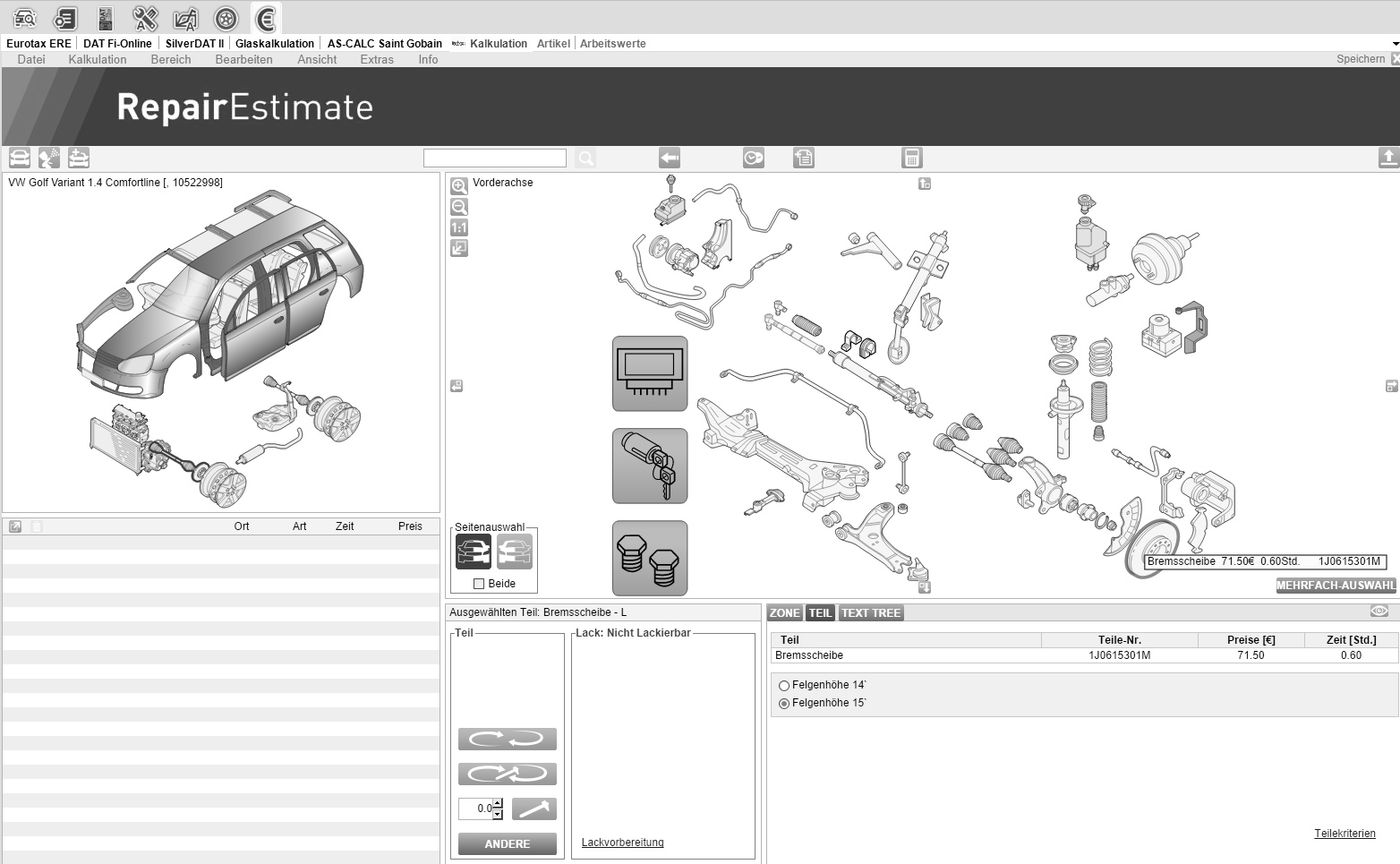 Screenshot Eurotax Schwacke(ERE) Reparaturkalkulation