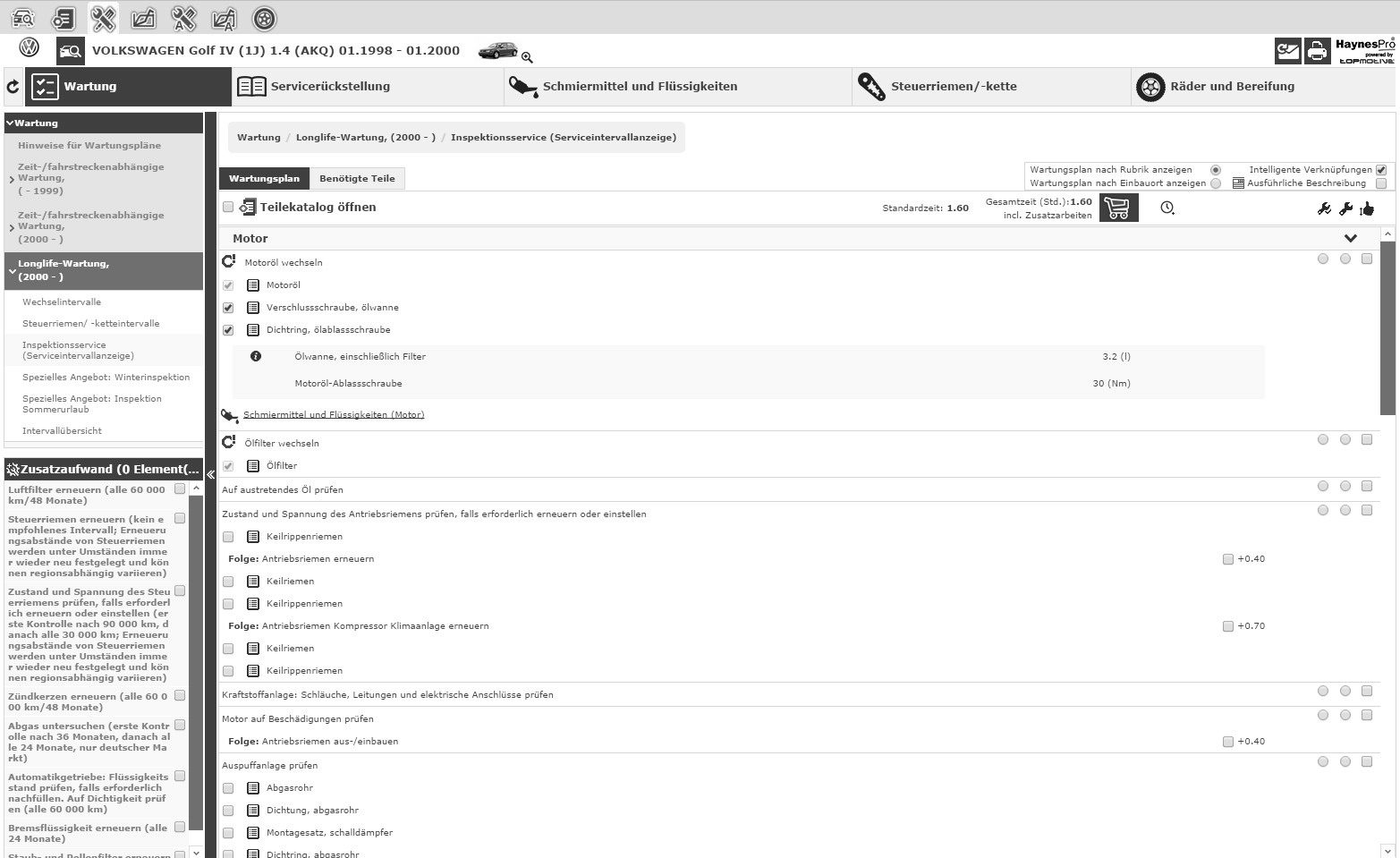Screenshot Haynes Pro Servicedaten/Inspektionsdaten