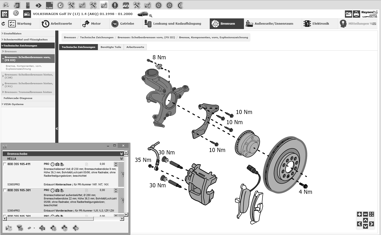 Screenshot Haynes Pro Technische Daten