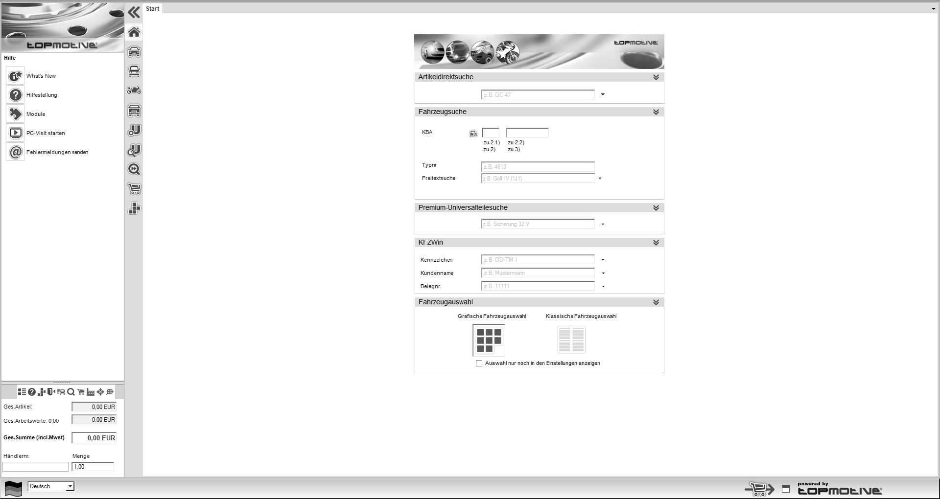 Startfenster Teilekatalog