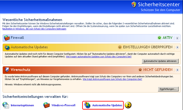 Sicherheitscenter Automatische Updates